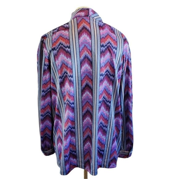 Vintage 80s Womens Plus Size 1X Chevron Purple Blouse Necktie Longsleeve - Picture 4 of 4